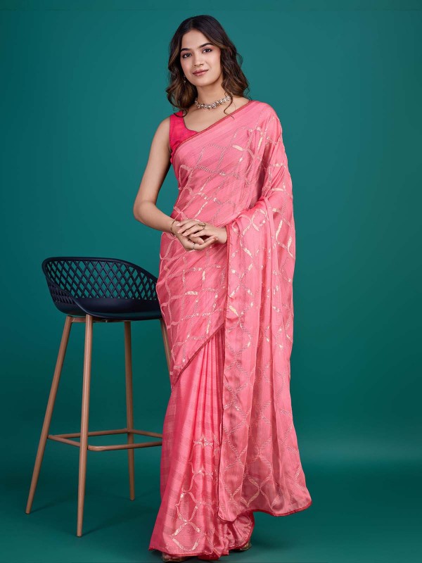 Rose Pink Shimmer Georgette Designer Saree